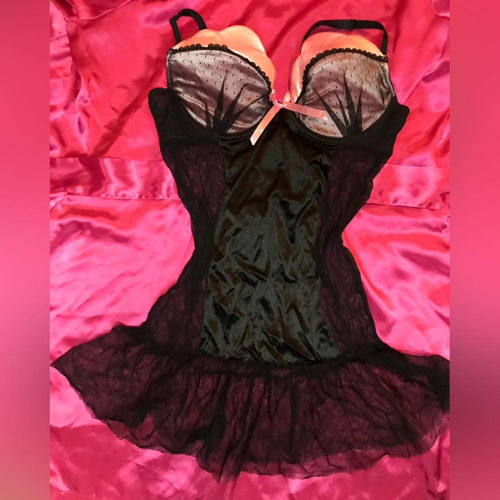 Sheer silky net lace pink scalloped slip chemise intimate push up lingerie dress
